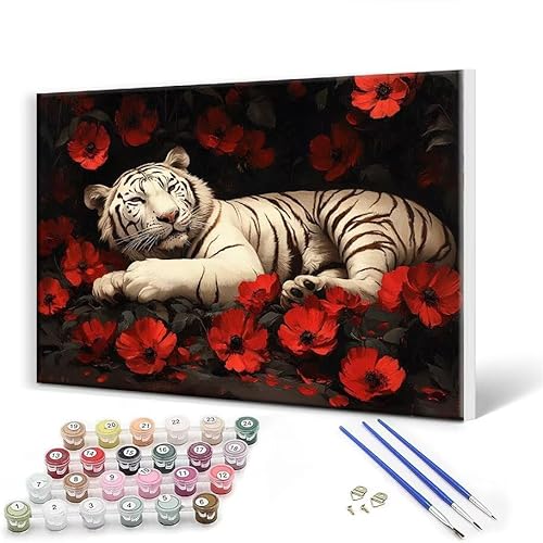 Malen Nach Zahlen Tiger Blume Malen Nach Zahlen Erwachsene mit Rahmen 100 x 130 cm Malen Nach Zahlen ab 7 8 9 10 Jahre Mädchen Geschenk, DIY Handgemalt Ölgemälde Bastelset für Deko Wohnzimmer K-6 von Gtohoo