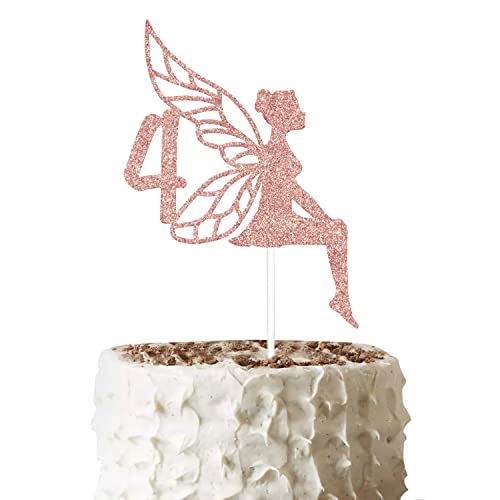 Fee Geburtstag 4. Cake Topper Rose Gold Glitzer, Fee Cake Topper, Mädchen Happy 4th Birthday Cake Topper Fairy Birthday Dekorationen, 4 Cake Topper, Cheers to 4 Years 4 Years Old Birthday Dekorationen von Gtoirpecx