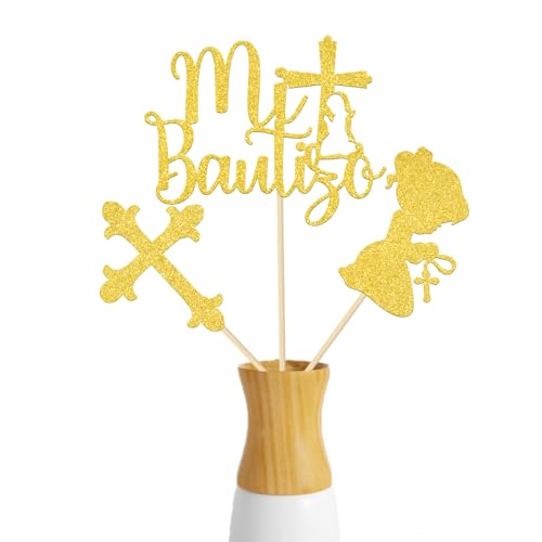 Mi Bautizo Tafelaufsatz-Sticks, religiöse Party-Tafelaufsatz-Sticks, Kreuzengel, Taube, Cupcake-Picks, Party-Dekorationen, Gold, 12 Stück von Gtoirpecx