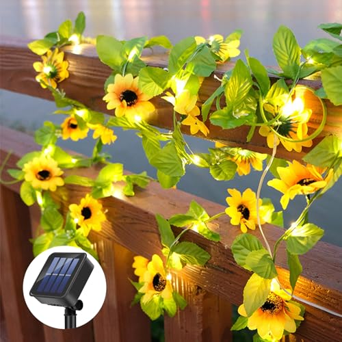 GuKKK Künstliche Sonnenblume Licht 10M/32Ft, 100LED Lichterkette Außen Solar 8 Modi, Lichterkette mit Blättern Sonnenblumen, Wasserdicht Solarlichterkette, für Garten, Balkon, Hochzeit, Zaun von GuKKK