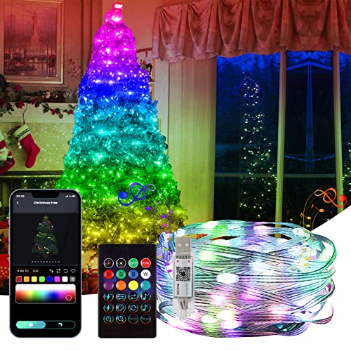 GuKKK LED Lichterkette Außen, 10M 100 LED Intelligente Lichterketten RGB, Musik Sync, USB Farbwechsel Bunte Lichterkette, mit Timing Fernbedienung und APP Gesteuert, für Weihnachtsbaum (1 Stück) von GuKKK