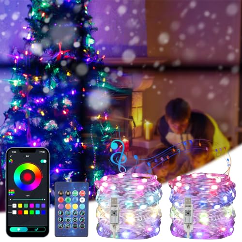 GuKKK LED Lichterkette Außen, 【2 Stück】 10M 100 LED Intelligente Lichterketten RGB, Musik Sync, USB Farbwechsel Bunte Lichterkette, mit Timing Fernbedienung und APP Gesteuert, für Weihnachtsbaum von GuKKK