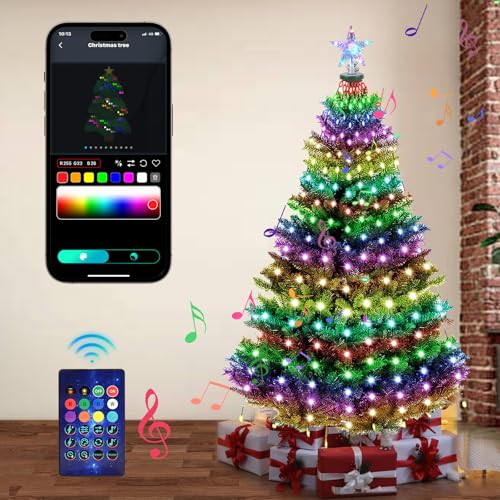 GuKKK LED Lichterkette Außen, Christmas Cone Tree Lights 2,1M 400 LED, Intelligente Lichterketten RGB mit Fernbedienung und APP Gesteuert, IP65 Wasserfest Tannenbaum Lichterkette für den Außenbereich von GuKKK