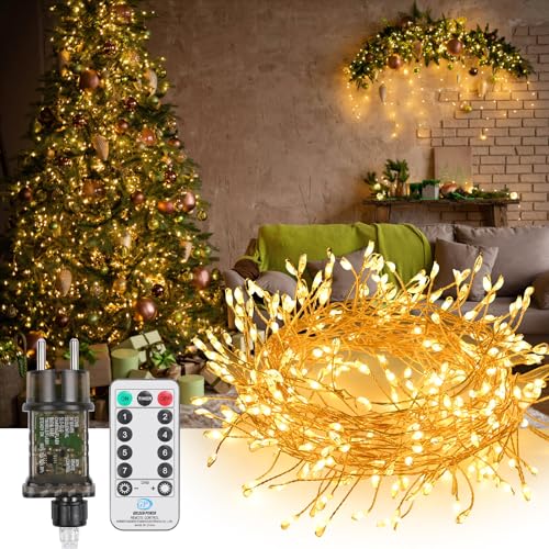 GuKKK LED Lichterkette aus Kupferdraht, 5M 300 LED Lichterkette Außen, Lichterkette Weihnachtsbaum Warmweiß mit Fernbedienung, Wasserdicht IP65, für Weihnachtsdeko Innen Außen Weihnachten Party (5M) von GuKKK