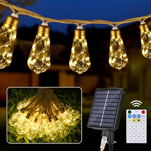 LED Lichterkette Außen, GuKKK 10M 24 Glühbirnen Dimmbar Solar Lichterkette Aussen Glühbirnen, Solar Lichterkette Garten 8 Modi,Balkon Lichterkette Wasserdicht IP65 mit Fernbedienung für Terrasse Party von GuKKK