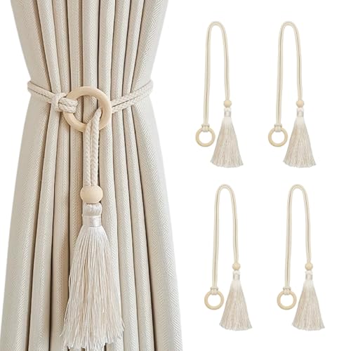 Vorhang Raffhalter,Guador 4 Stück Raffhalter Für Vorhänge Aus Holz,Boho Raffhalter,Drapierte Raffhalter Baumwollseil,Gardinen Raffhalter Heimdekoration,Beige Holdbacks Halter von Guador