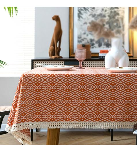 Gualiy Abwaschbare Tischdecke Quadratisch, Tischtuch 140 x 220 Polyester Wasserdicht Tischdecke Wohnzimmer Geometrisches Totem mit Quasten Tischdecke für Wohnzimmer, Orange von Gualiy