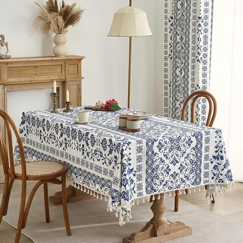 Gualiy Rechteckige Tischdecken, Tischdecken 150 x 200 Polyester Baumwolle Tischdecke Fleckabweisend Florales Muster mit Quasten Tischtuch für Couchtisch, Blau von Gualiy