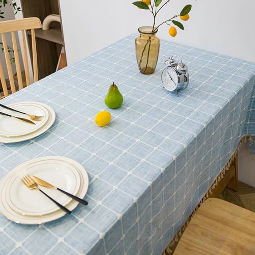 Gualiy Tischdecke Rechteckig, Tischdecke 120 x 120 Polyester Baumwolle Tischdecke Abwaschbar Waschbar Gitter mit Quasten Tischdecken für Wohnzimmertisch, Hellblau von Gualiy