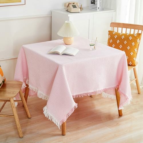 Gualiy Tischdecke Rechteckig, Tischdecken 90 x 150 Abwaschbare Tischdecke Wohnzimmer Einfarbig Waffelmuster mit Quasten Tischdecke für Küchentisch, Rosa Weiß von Gualiy