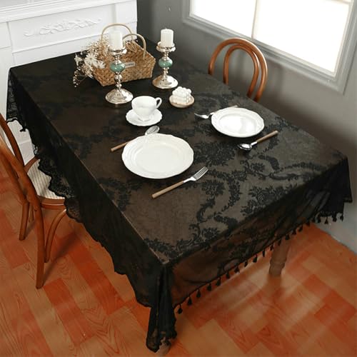 Gualiy Tischdecke Rechteckig Polyester, Tischdecke 140 x 300 Tischdecken Abwaschbar Spitze Blumen Stickerei mit Quasten Tischtuch für Couchtisch, Schwarz von Gualiy