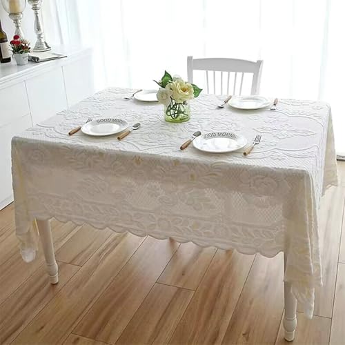 Gualiy Tischdecken Rechteckig, Tischdecken 90 x 90 Polyester Abwaschbare Tischdecke Wohnzimmer Stickerei Blumenmuster Tischtuch für Couchtisch, Weiß von Gualiy