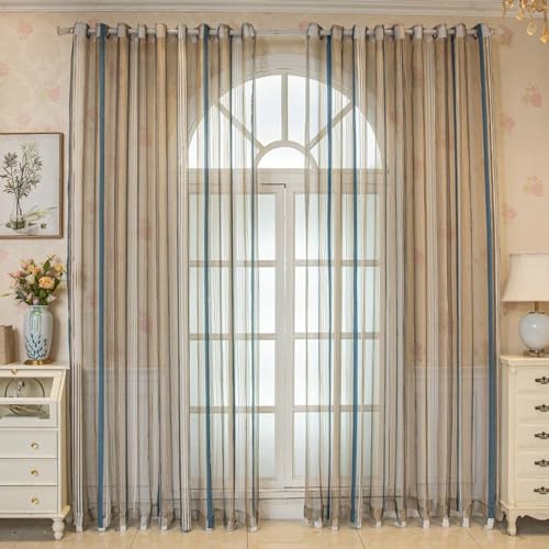 Vorhänge Fenster Durchsichtig, Vorhänge 2er Set mit Ösen 132x274CM Streifen Gardinen Blau Gold Weiß Vorhänge für Schlafzimmer von Gualiy