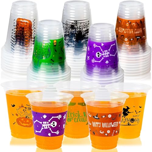 GuassLee Einweg-Halloween-Becher, transparent, 340 ml, Einweg-Halloween-Plastikbecher-Set mit 5 Mustern, für Kinder, Erwachsene, Halloween, Party, Kaffee, Wein, heiße und kalte Getränke, 50 Stück von GuassLee