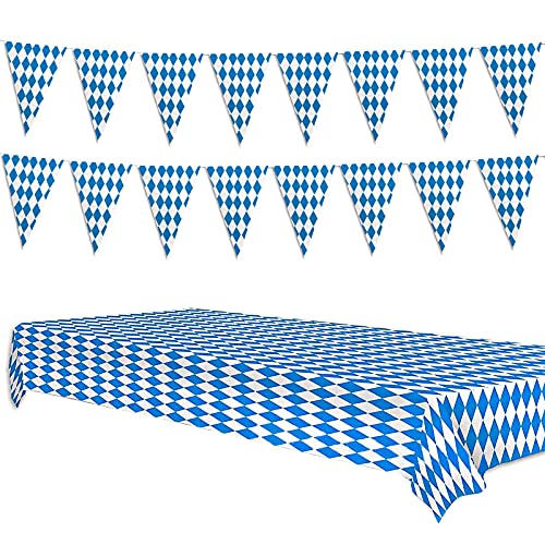 GuassLee Oktoberfest-Party-Tischdecken-Wimpel-Set, blaue und weiße Diamant-Tischdecke und Banner für Oktoberfest-Partyzubehör, bayerisches Bierfest, Innen- und Außenbereich, Party-Dekoration von GuassLee