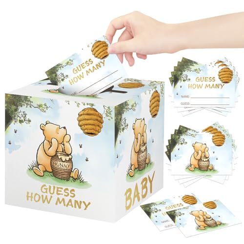 50 Stück Winnie Guess How Many Tickets mit Box, Guess How Many Box-Set für Babyparty, The Pooh Babyparty-Einladungen, Guess How Many Karten, Geschlechtsoffenbarung, Partyzubehör, Kartenbox von Guawubiang