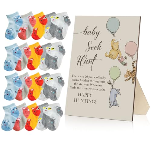 Classic Pooh Babyparty-Spiele-Set, 21-teilig, klassische Winnie-Babyparty-Spiele, inklusive Babysocken-Jagdzeichen und 20 Paar kleine Baumwoll-Babysocken, perfekt für Babypartys von Guawubiang