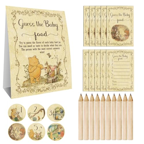 Classic Winnie Baby Shower Games Set, Winnie Guess the Baby Food Card Gamest (1 Guess The Baby Food Sign + 30 Writing Cards + 1 Number Stricker), Baby Shower Birthday Party Activities Games von Guawubiang