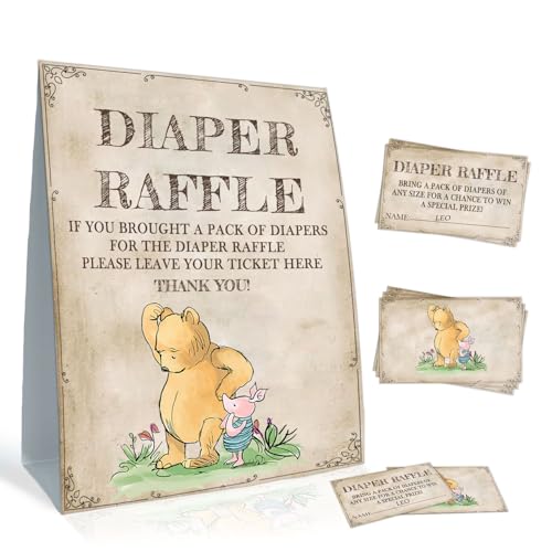 Vintage Puuh Windel-Raffle-Spielkarten, Windel-Verlosungsschild und 30 doppelseitige Winnie-Namenskarten, klassisches Winnie-Winnie-Wickel-Verlosungs-Spielkarten-Set, Babyparty, Party-Spielzubehör, von Guawubiang