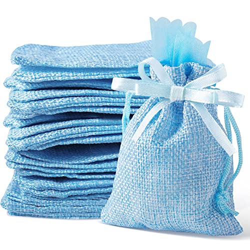 Gudotra 24 Stück Konfetti-Beutel, blau, 10 x 8 cm, für Kommunion, Hochzeit, Konfirmation, Taufe mit 24 Tüll und 22 m, Sachetti-Bänder, Jute, Gastgeschenke, Kommunion, Hochzeit, 24 Stück von Gudotra