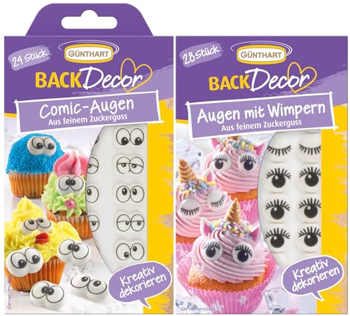 Günthart BackDecor Zucker Augen Set - Aus feinem Zuckerguss - 24 Comic Augen & 28 Augen mit Wimpern - kreative Dekoration für Muffins, Cupcakes, Kuchen und zum Backen von Günthart