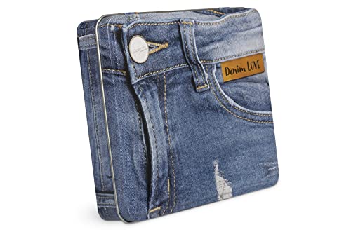 Gütermann Creativ Denim-Box mit 12 Spulen Profi-Jeansfaden Denim 100 m, 5 Jeans-Nähmaschinennadeln von Schmetz und 3 Kunstleder-Labels Dortex. Aufbewahrungsdose im coolen Denim, mehrfarbig, 799782 von Gütermann