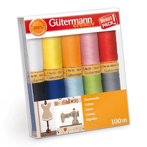 Gütermann creativ Nähfaden-Set mit 10 Spulen Baumwolle 100 m in verschiedenen Farben, Mehrfabig, 100x118x22 mm von Gütermann