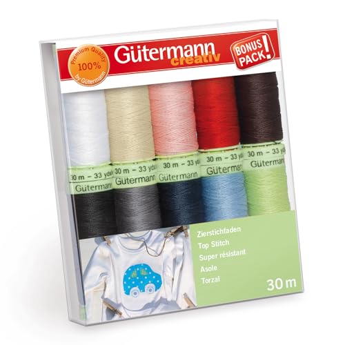 Gütermann creativ Nähfaden-Set mit 10 Spulen Zierstichfaden 30 m in Basisfarben von Gütermann