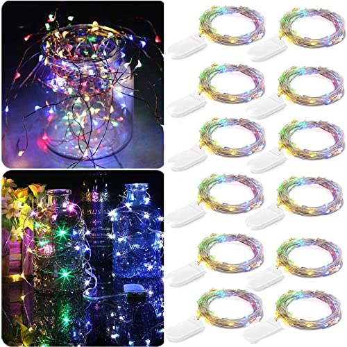 Guezuvoru Lichterkette Batteriebetrieben, 12er Pack 2 m 20 LED wasserdichte Kupferdraht Lichter, Mini Lichterketten Firefly Sternenlichter für Weihnachten Hochzeit Einmachglas Dekoration (Mehrfarbig) von Guezuvoru