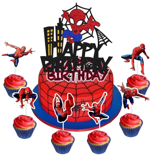 25 Stück Spiderm Cake Topper,7-Jährige Spiderm Tortendeko, Spiderm Kuchen Deko,Spiderm Deko Torte,Doppelseitiger Glitter Kindergeburtstag Kuchen Deko für Mädchen Junge Baby von Gugatad