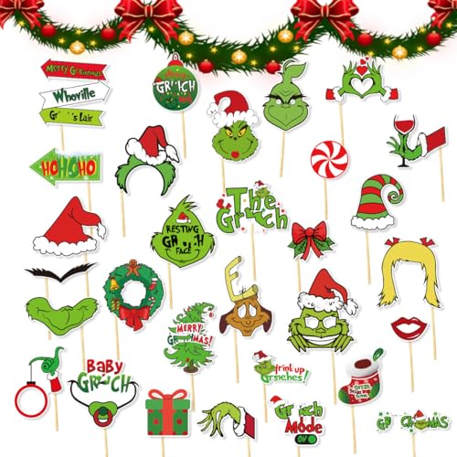 30 Stücke Weihnachtsfeier Fotorequisiten,Grinch Fotobox Accessoires Weihnachten,Lustige Foto Requisiten,Weihnachts Dekoration,Selfie-Requisiten für Erwachsene Kinder Weihnachtsfeier Zubehör von Guidre