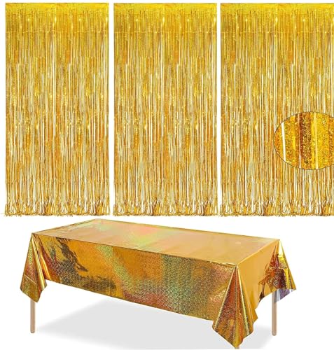 3 stk Lametta Vorhang Gold Glitzer+Gold Party Tischdecke,Geburtstagsdeko Vorhänge Foto Hintergrund Luftschlangen Dekoration für Abi Graduation Hochzeit Geburtstag Hollywood Biene Silvester Party Deko von Guidre