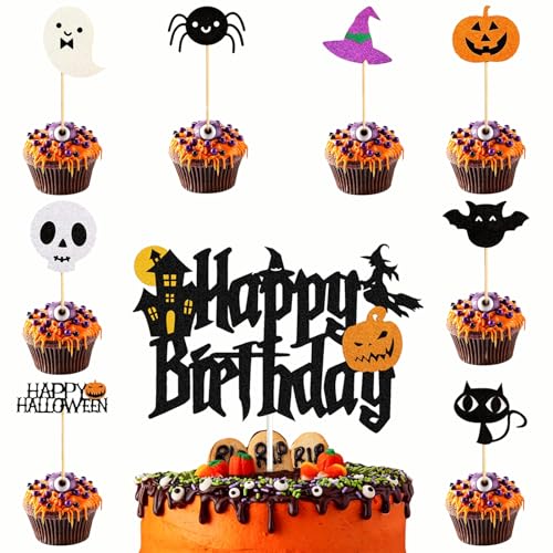 9 Stück Halloween Happy Birthday Tortendeko, Halloween Geburtstag Tortendeko, Glitzer Halloween Zauberer Geist Kürbis Kuchen Deko enthalten Kürbis, Geist, Spinne, Hexe für Halloween Party Dekoration von Guidre