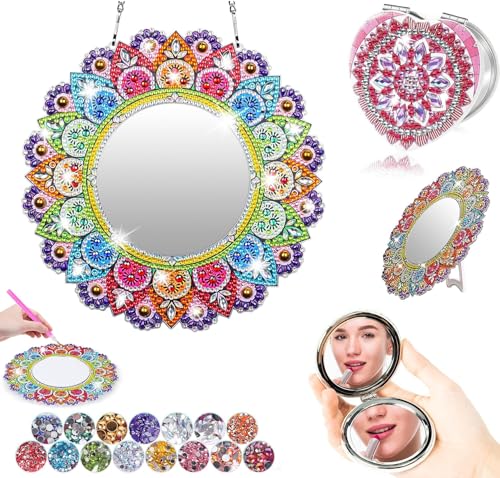 2 Stück 5D Diamond Painting Spiegel,Schminkspiegel Bastelset,Kinder Kosmetikspiegel Spielzeug,Mirror Zimmer Wand Deko,Geschenke Mädchen 5 6 7 8 9 10 11 12 Jahre,Kindergeburtstag Basteln Mädchen von Guidre