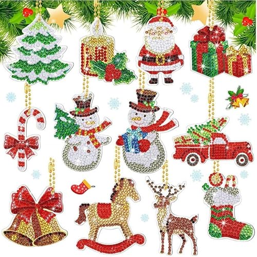 Guidre 12 Stk 5D Diamond Painting Weihnachten, Diamond Painting kinder,Weihnachten Diamond Painting Anhänger,Weihnachten Wichtel Painting kit DIY Diamond Painting Schlüsselanhänger von Guidre