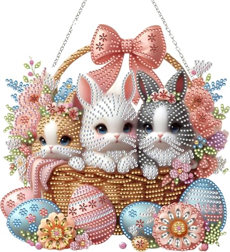 Guidre 5D Ostern Diamond Painting Anhänger, Kaninchen Diamond Painting Kinder Erwachsene,Hängende Ornament Bastelset Set für Erwachsene Geschenk Mädchen 7 8 9 10 11 Jahre, Ostergeschenke Kinder von Guidre