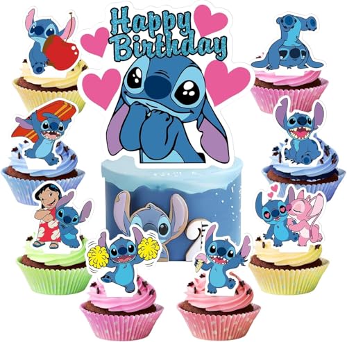 Lilo Stitch Cake Topper,22 PCS Stitch Party Kuchen Dekoration,Cartoons Kuchen Topper,Stitch Cake Toppers,Stitch Cupcake Toppers,Stitch Figuren Set,für Geburtstagsfeier Cupcake-Dekoration (blau-1) von Guidre