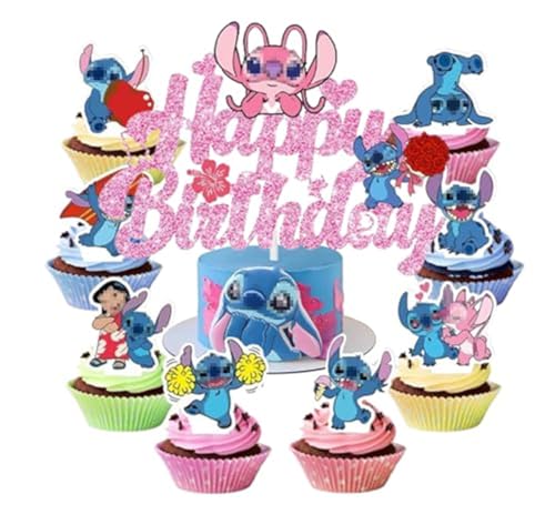 Lilo Stitch Cake Topper,22 PCS Stitch Party Kuchen Dekoration,Cartoons Kuchen Topper,Stitch Cake Toppers,Stitch Cupcake Toppers,Stitch Figuren Set,für Geburtstagsfeier Cupcake-Dekoration (rose) von Guidre