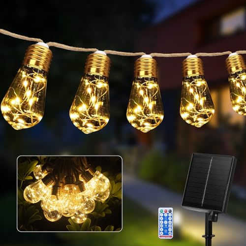 Guijiyi Solar Lichterkette Aussen, Lichterkette Außen Solar Mit 20 Glühbirnen, 8.7M Solar Lichterkette Outdoor, 8 Modi Vintage Hanfseil IP65 Solarlichterkette Außen Wetterfest für Garten Balkon Party von Guijiyi