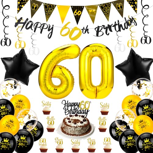 Guiqulai 60 Geburtstag Dekorationen für Frauen Männer, Schwarz und Gold 60 Geburtstag Luftballons 60 Geburtstag Banner Spiralen Kucheneinsätze für 60 Geburtstag Party von Guiqulai