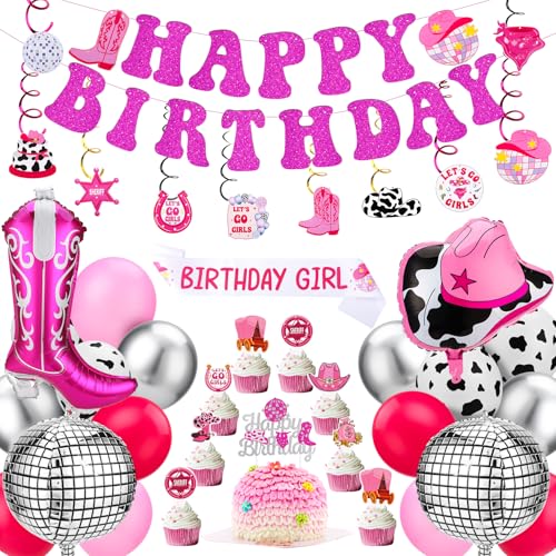 Guiqulai Disco Cowgirl Geburtstag Party Dekorationen Western Cowgirl hängende Wirbel Hot Pink Happy Birthday Banner Cowgirl Cake Topper Geburtstag Mädchen Schärpe für Bachelorette Geburtstag Party von Guiqulai