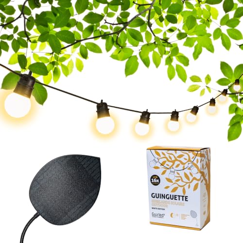 GuirLED - Solar-Lichterkette & wasserdicht IP55 Guinguette Premium – 16 LEDs 7,5 Meter – ausziehbar – 100 % autonom – Photovoltaik-Blatt XL – Lithium-Akku 4000 mAh – White Edition von GuirLED