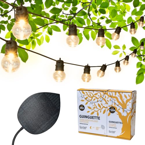 GuirLED - Solar-Lichterkette & wasserdicht IP55 Guinguette Premium – 32 LEDs 15 Meter – 100 % autonom – Photovoltaik-Blatt XL – Lithium-Akku 4000 mAh – Vintage Edition von GuirLED