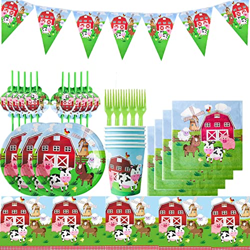 Gujey 62PCS Bauernhof Tiere Geburtstag Party Set, Gebutstag Party Set Bauernhof, Bauernhoftiere Partydekorationen für Kinder Geburtstag Banner Tischdecke Platten Servietten von Gujey