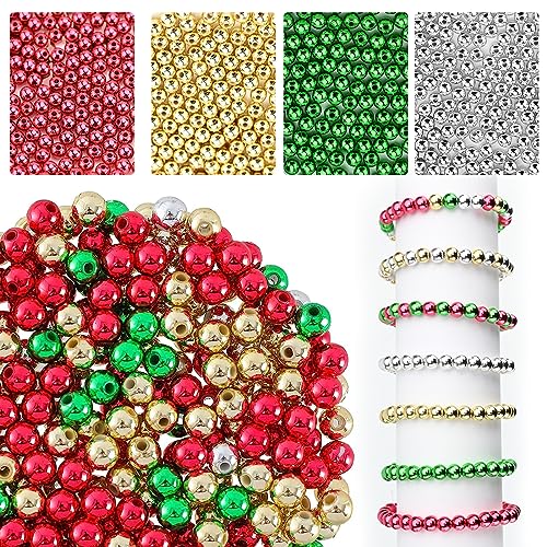 1200 Stück Weihnachts Bastelset für Kinder, 6mm Weihnachtsperlen Kunststoff, Weihnachten Glasperlen, 4 Farbe Runde Pony Perlen mit elastischer Schnur, DIY Armband Halskette Hängendes Ornament von Gukasxi