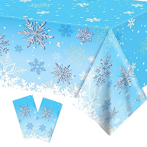 2 Stück Blaue Schneeflocken Party Tischdecke, Weihnachten Schneeflocken Einweg Tischdecke, 130 x 220cm Rechteck Tischdecke für Weihnachten Party Dekoration, Winterurlaub Home Party Dekorationen von Gukasxi