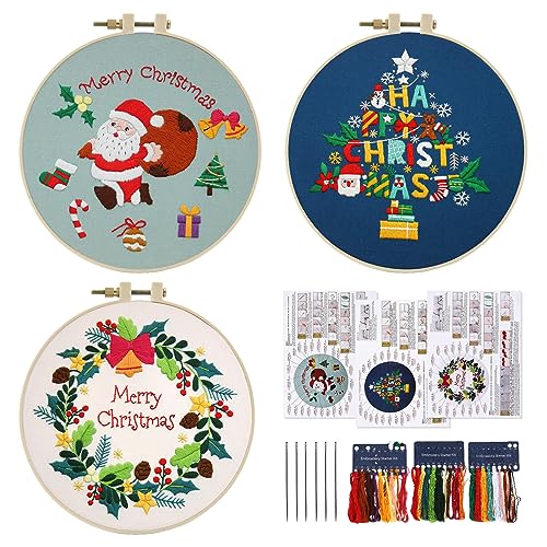 3 Sets Weihnachts Anfänger Stickerei Set, Weihnachtsmuster Kreuzstich Kit Starter Tools Kit mit Kunststoff-Stickrahmen, Farbfäden, Anleitung und Werkzeuge, DIY Handgemachte Kreuzstich Set für Handwerk von Gukasxi