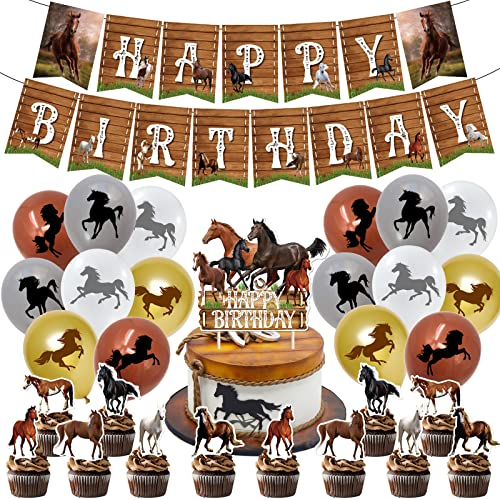 44 Stück Pferd Geburtstag Party Dekorationen, Pferd Thema Geburtstag Party Zubehör mit Happy Birthday Banner Set, Pferd Kuchen Toppers und Pferd Ballons, Western Cowboy Geburtstag Party Dekorationen von Gukasxi