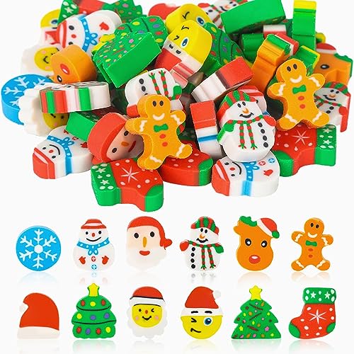 50 Stück Weihnachten Radiergummi, Cartoon Weihnachtsmuster Radiergummi für Kinder, Weihnachtsmann Schneemann Neuheit Radiergummis, für Strumpf Füller Schreibwaren Geschenke, Zufällige Farben von Gukasxi