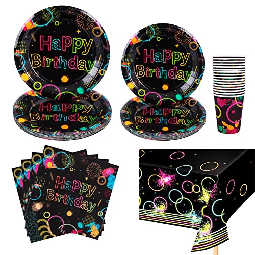 65 Stück Glow Neon Partygeschirr Set, Glow Neon Geburtstag Party Geschirr, Neon Glow in the Dark Papier Geschirr, Tischdecke Teller Becher Servietten zum Geburtstag Hochzeiten Jubiläums, 16 Gäste von Gukasxi